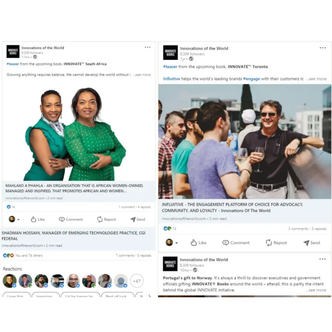 A LinkedIn post example from Experia Innovations of the World publication, showcasing featured members and community stories for professional networking