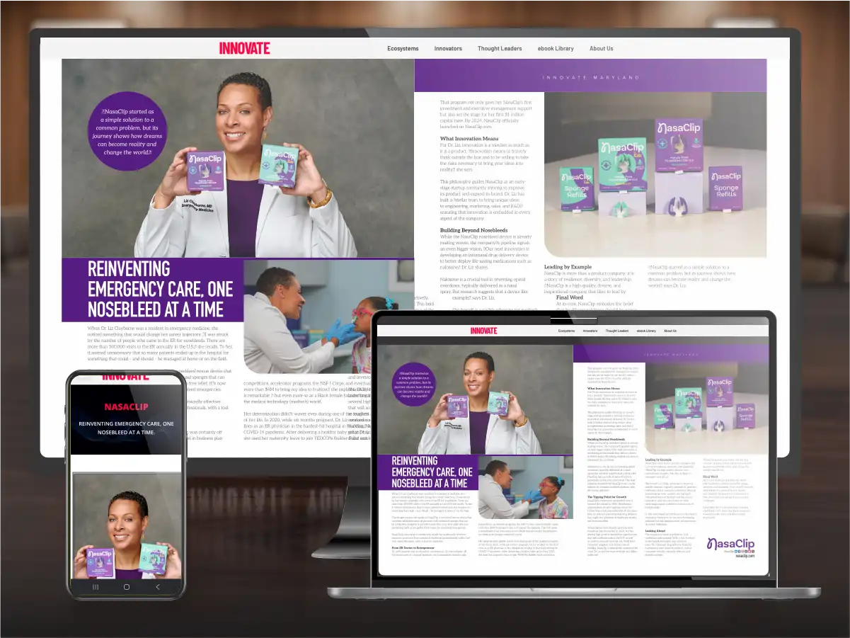 An Experia digital publication displayed across a smartphone, tablet, and desktop computer, demonstrating responsive design and multi-device accessibility